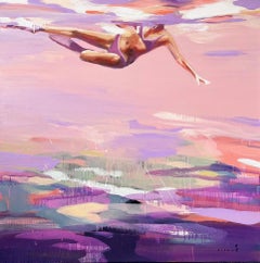 "Paradise" Abstract oil painting of a woman swimming above pink and purple water