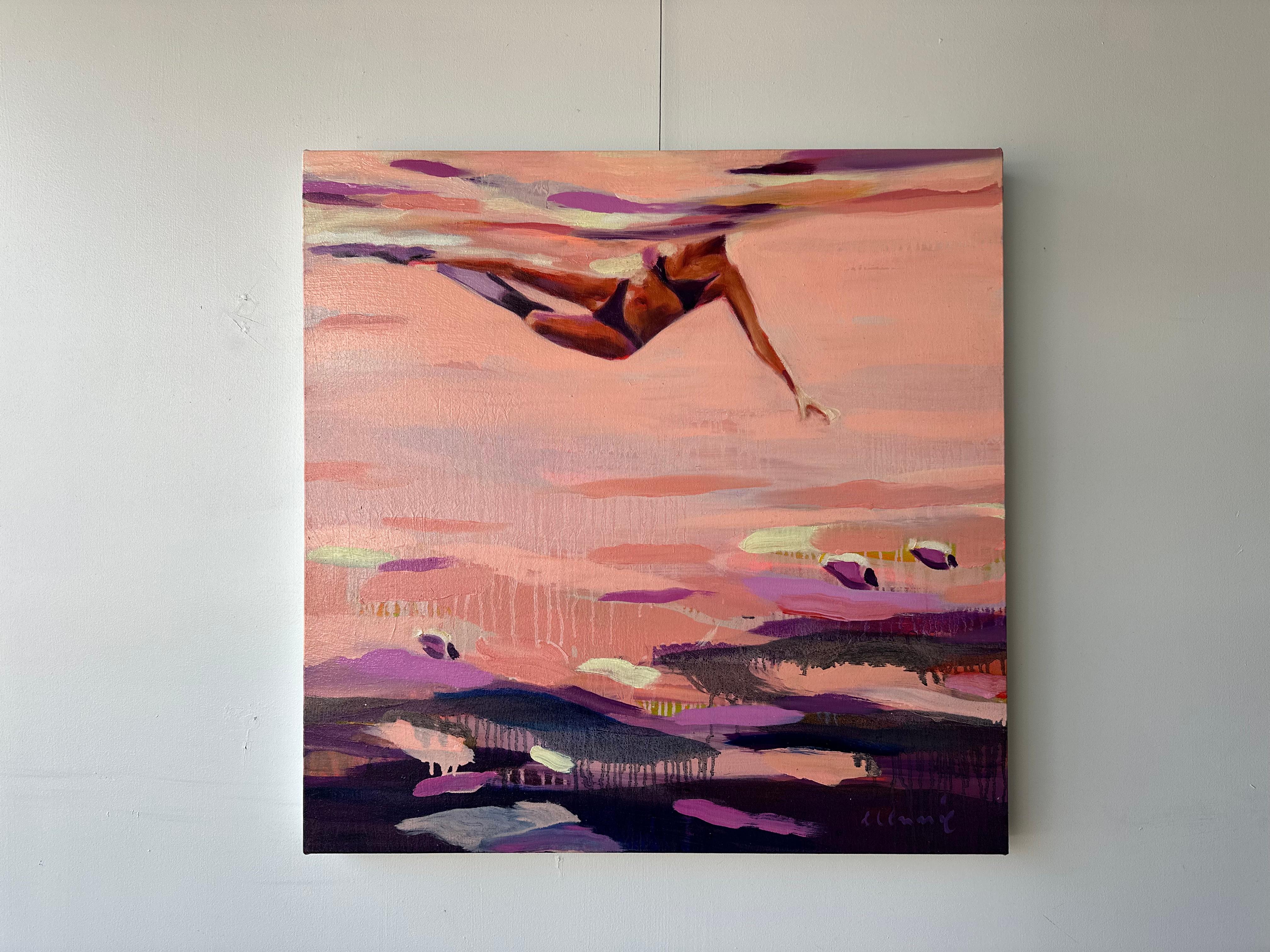 Abstraktes Ölgemälde „Paradise Study“ eines schwimmenden Schwimmers in Rosa und Violett – Painting von Elizabeth Lennie