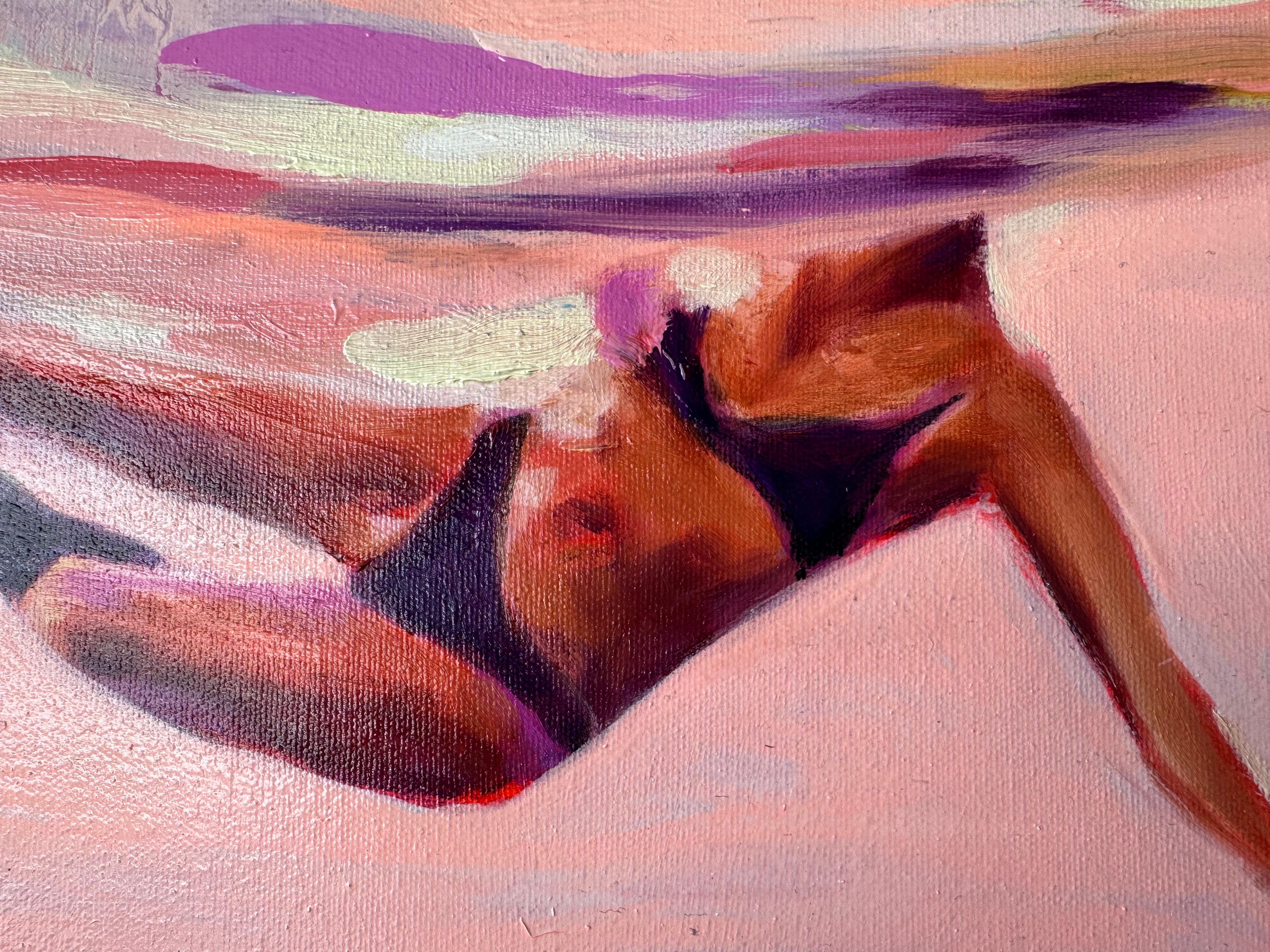 Abstraktes Ölgemälde „Paradise Study“ eines schwimmenden Schwimmers in Rosa und Violett (Pink), Abstract Painting, von Elizabeth Lennie