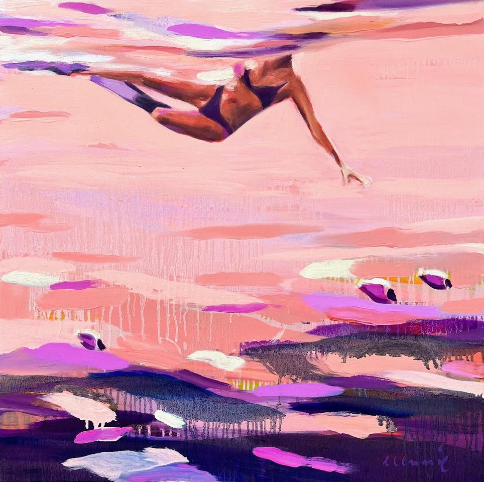 Elizabeth Lennie Abstract Painting - "Paradise Study" abstract oil painting of a swimmer floating, pink and purple