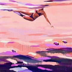 "Paradise Study" abstract oil painting of a swimmer floating, pink and purple