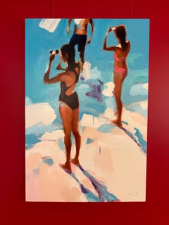 "Parallel Views" abstract oil painting of figures standing on a beach