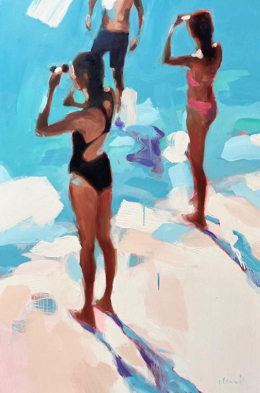 Elizabeth Lennie Abstract Painting - "Parallel Views" abstract oil painting of figures standing on a beach