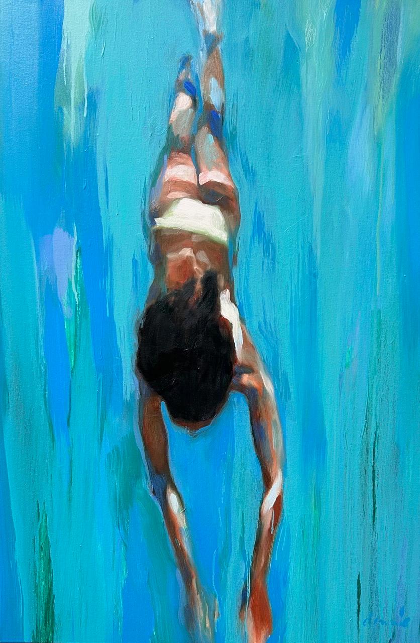 Elizabeth Lennie Figurative Painting - “Pentimento Tethys”, a woman painted from her back, upside down swimming