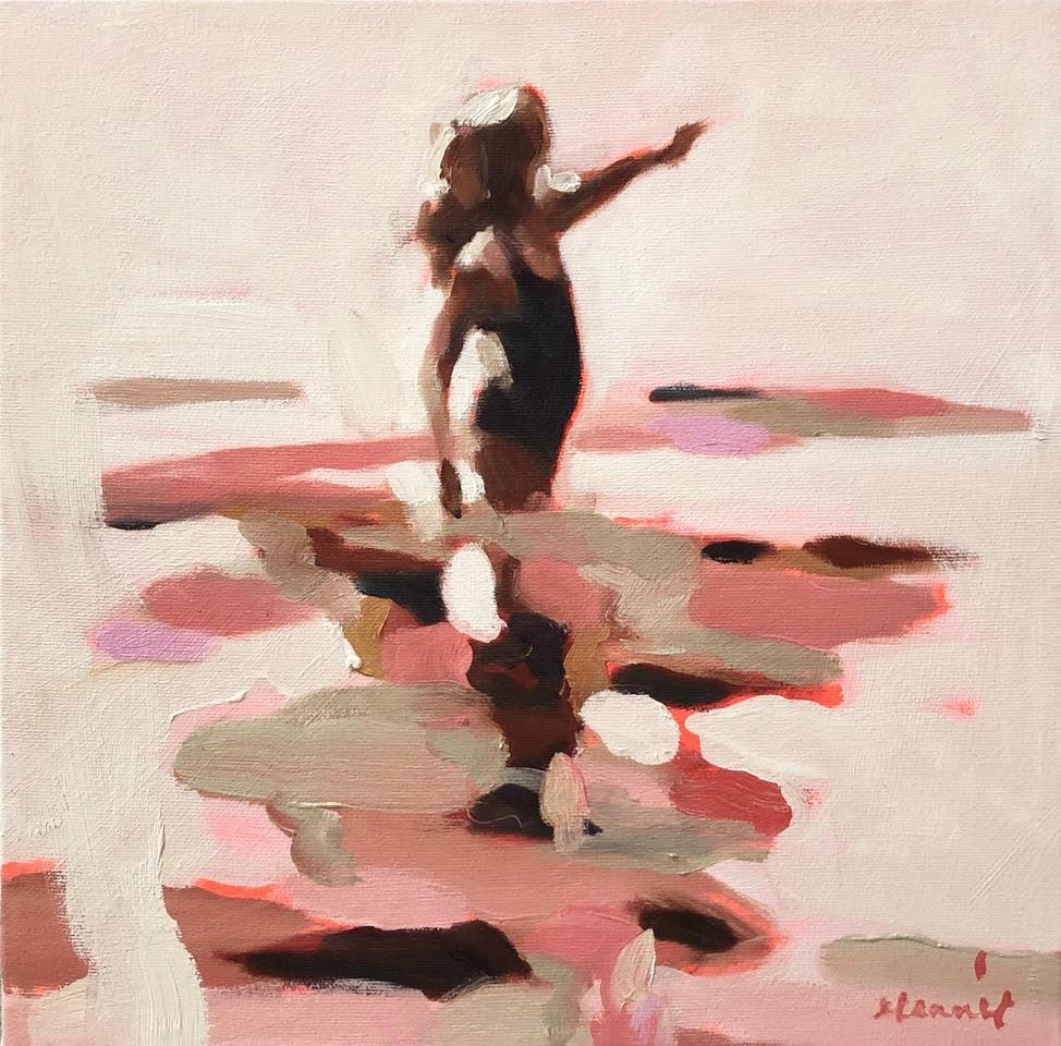 Elizabeth Lennie Figurative Painting - "Pink Summer 1" abstract oil painting of a woman in water in neutral palette