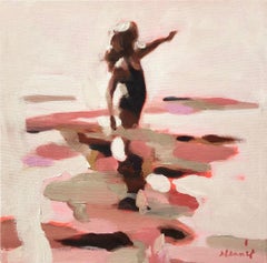 "Pink Summer 1" abstract oil painting of a woman in water in neutral palette