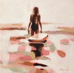 "Pink Summer 2" abstract oil painting of a woman in water in neutral palette