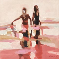"Pink Summer 3" abstract oil painting of two girls in water in neutral palette