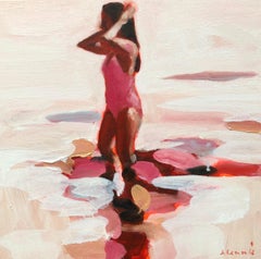 "Pink Summer 6" oil painting of a girl wading in shades of pink water