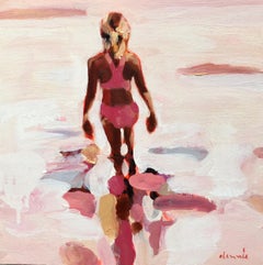"Pink Summer 7" oil painting of a girl wading in shades of pink water