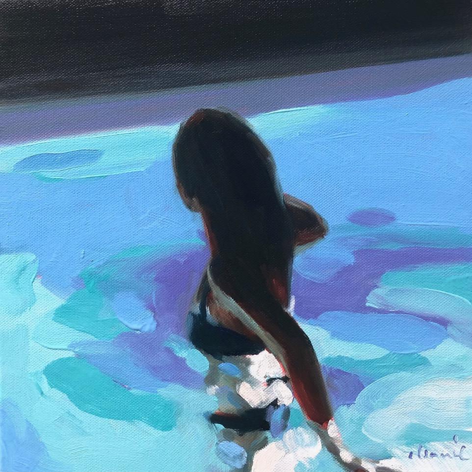 Elizabeth Lennie Figurative Painting - "Pool At Night 9" oil painting of a woman swimming in purple-blue evening water