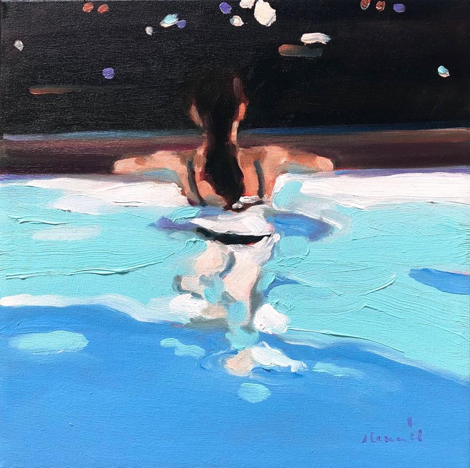 Elizabeth Lennie Figurative Painting - "Pool At Night 5" oil painting of a woman swimming in purple-blue evening water