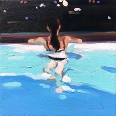 "Pool At Night 5" oil painting of a woman swimming in purple-blue evening water