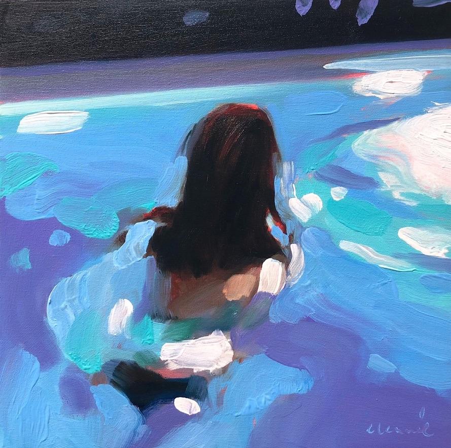 Elizabeth Lennie Figurative Painting - "Pool At Night 7" oil painting of a woman swimming in purple-blue evening water