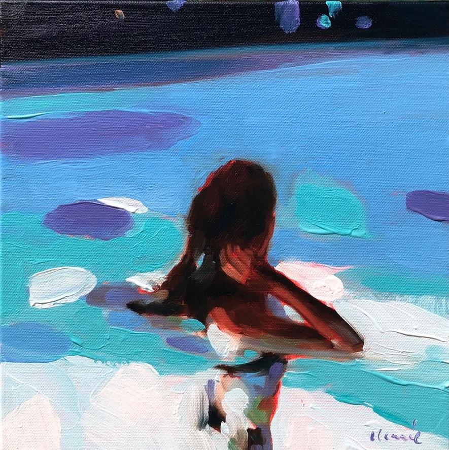 Elizabeth Lennie Figurative Painting - "Pool At Night 8" oil painting of a woman swimming in purple-blue evening water