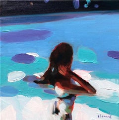 "Pool At Night 8" oil painting of a woman swimming in purple-blue evening water