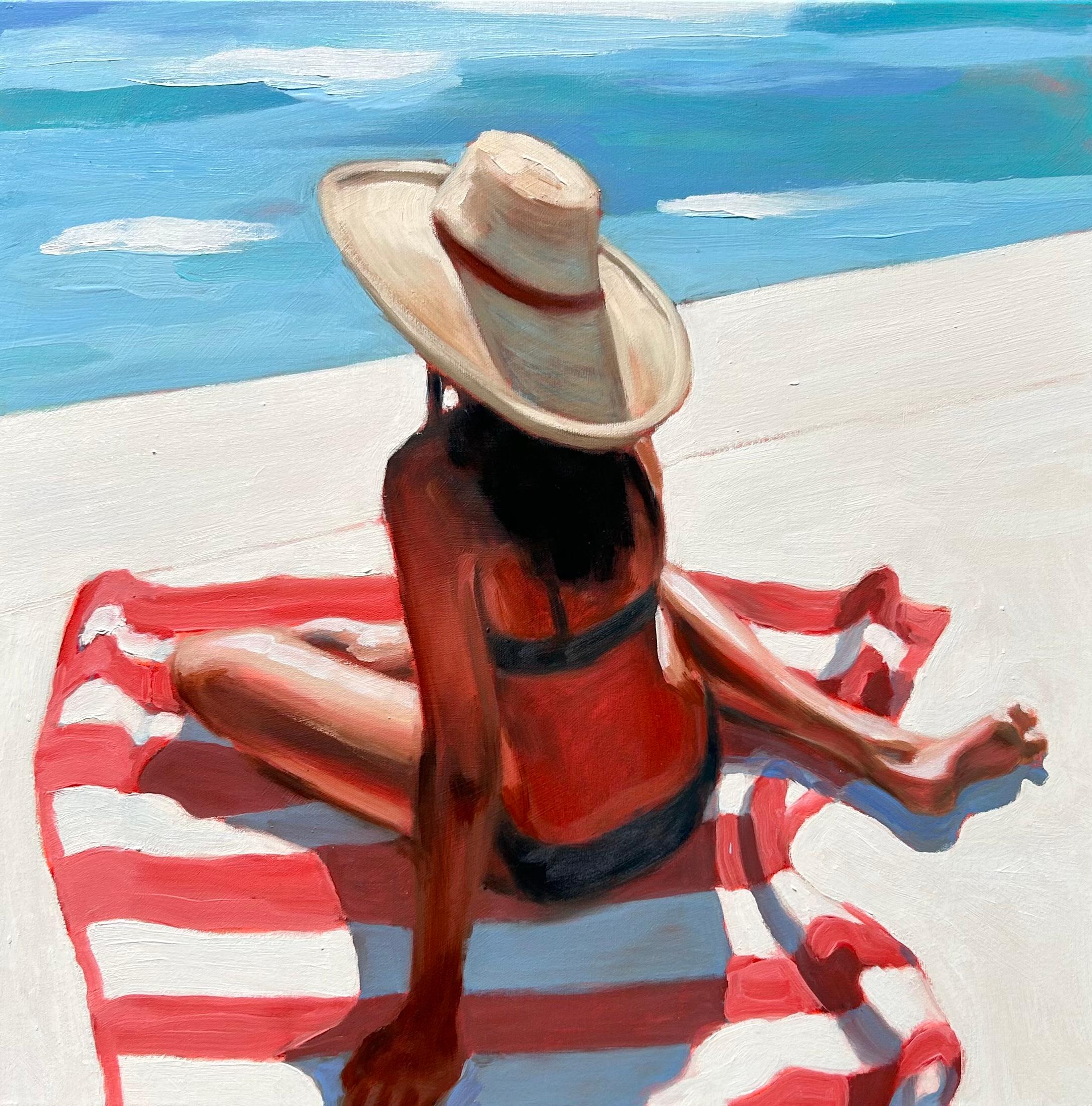 "Poolside 2" Donna con cappello da spiaggia seduta su un asciugamano a bordo piscina, di spalle