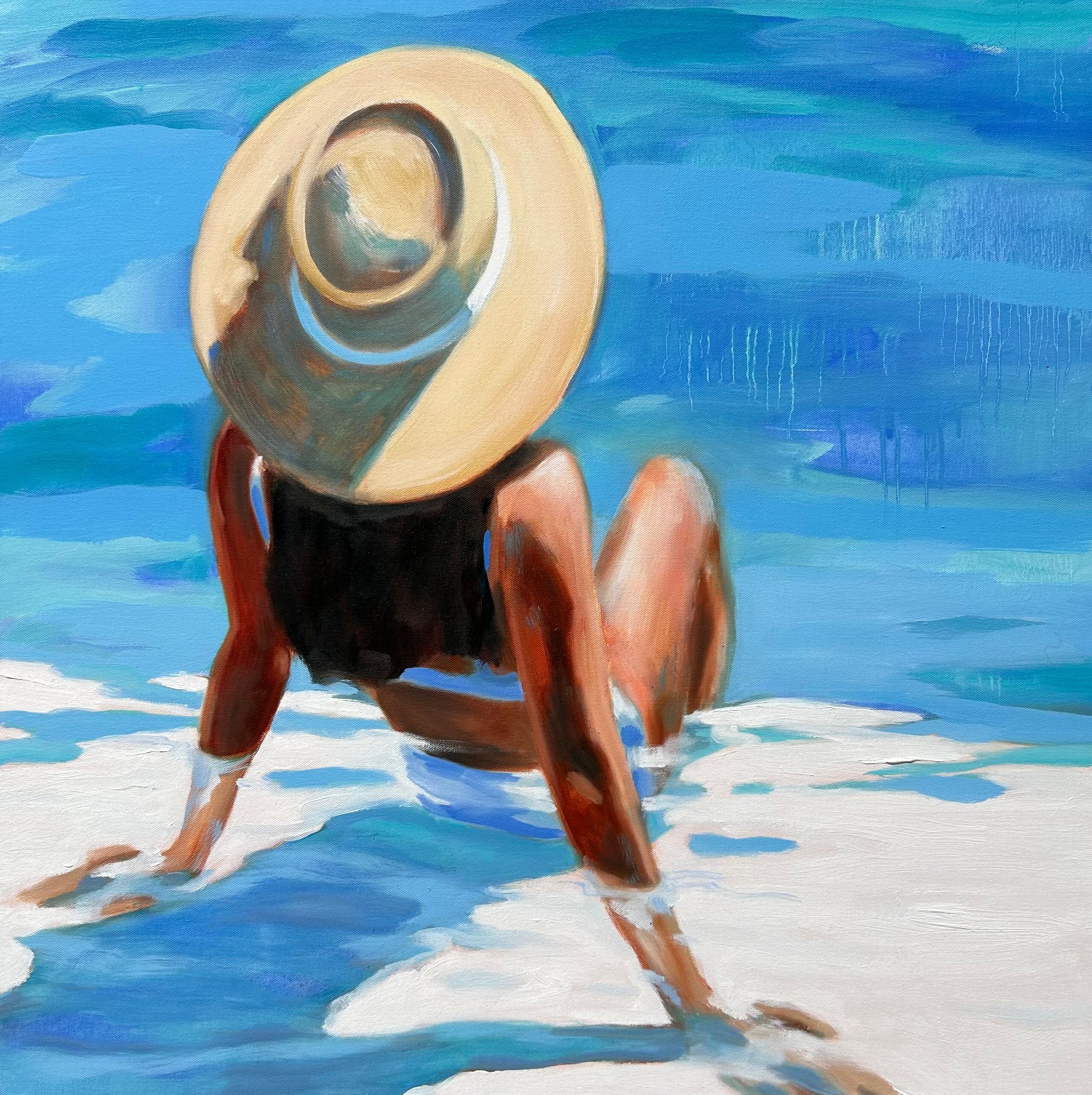 "Poolside 3": una donna si rinfresca in piscina, con il costume da bagno e il cappello da sole.