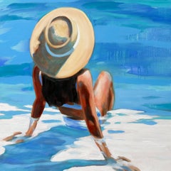 "Junto a la piscina 3" una mujer se refresca en la piscina, tumbada en bañador y gorro de sol