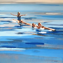 "Rabbit Lake" Abstract oil painting of kids floating in blue water