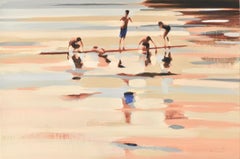 "Rabbit Lake" Abstract oil painting of kids playing in water in neutral palette