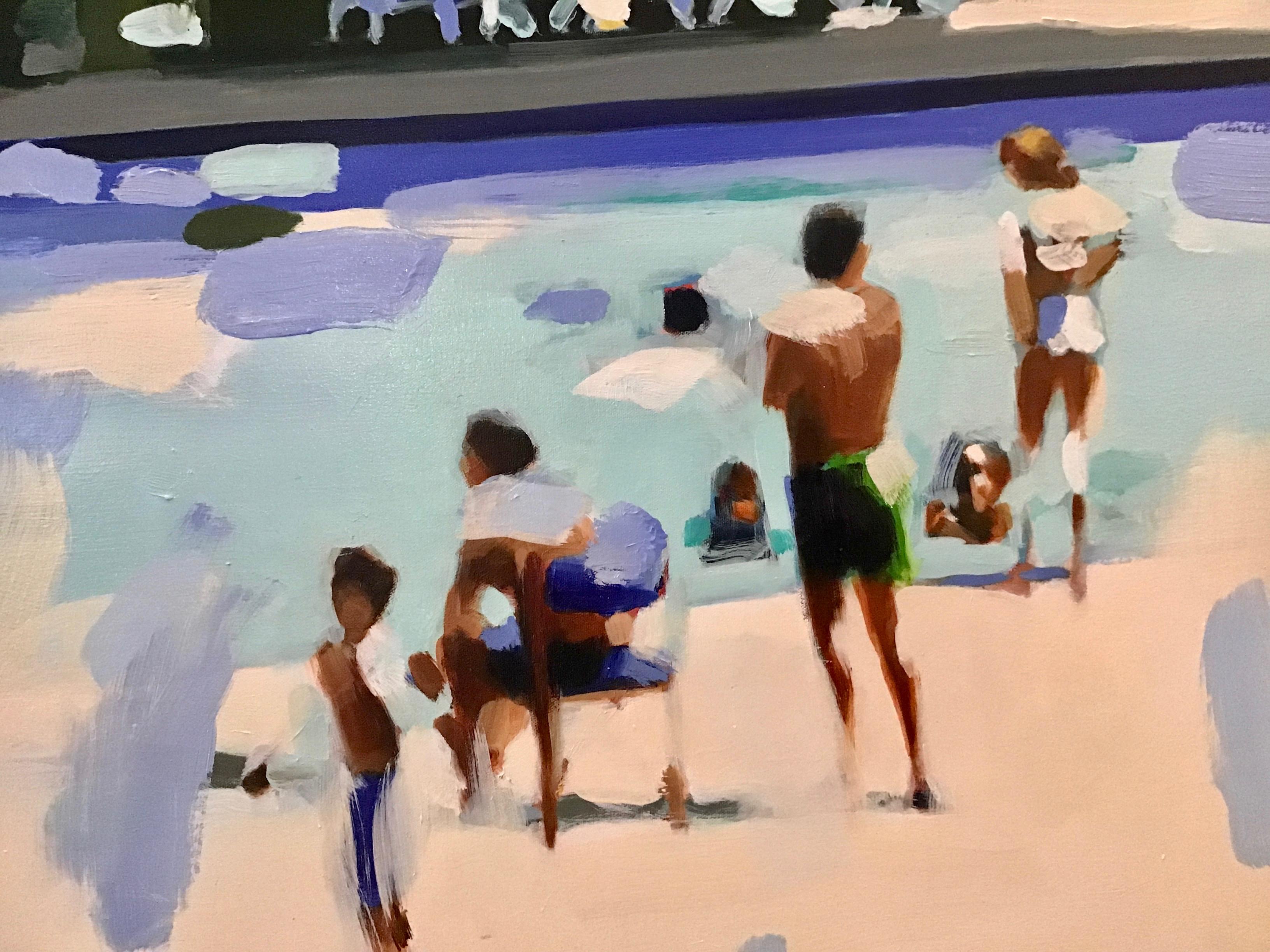 Abstract oil painting of people at a pool in neutrals and blues.

Water has been the backdrop to the significant events in my life. The reconstruction of radiant moments that exist in memory define the images I choose to paint, of swimming in the