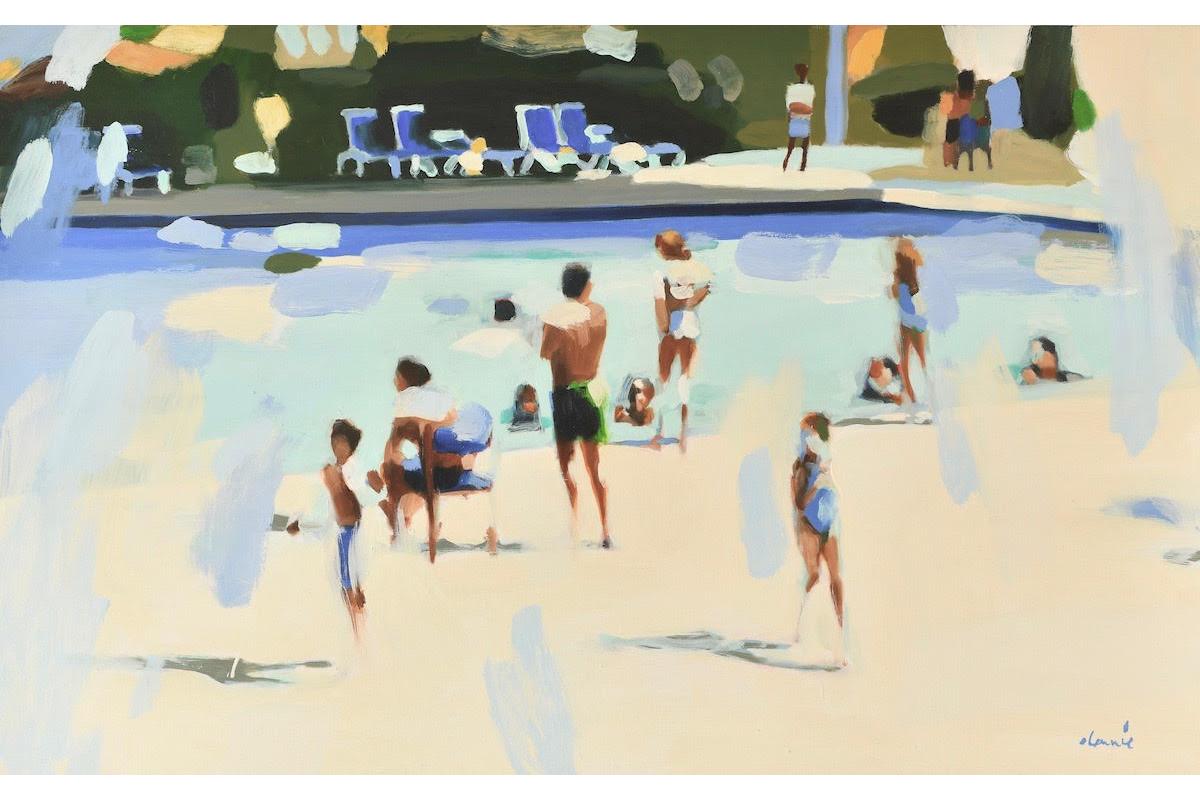 Elizabeth Lennie Figurative Painting - "Resort Life" Abstract oil painting of people at pool in neutrals and blues