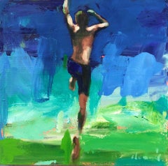 "Restless" abstract oil painting of a boy jumping into blue and green background