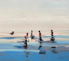 "Seaside 2" abstract oil painting of people wading in blue water, neutral sky