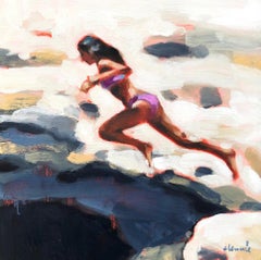 "Sophie 2" abstract oil painting of a girl jumping into navy and white water