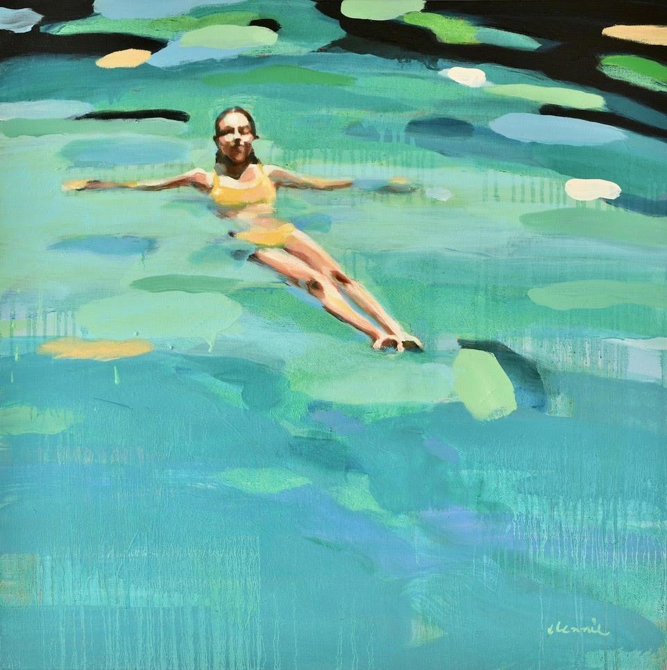 Elizabeth Lennie Figurative Painting - "Sophie" Abstract oil painting of a woman floating in green water