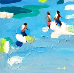 "Spring Break 2" abstract painting of people in blue green water