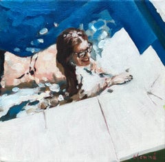 "Study for Michaela’s Pool" oil painting of a woman in the pool with sunglasses