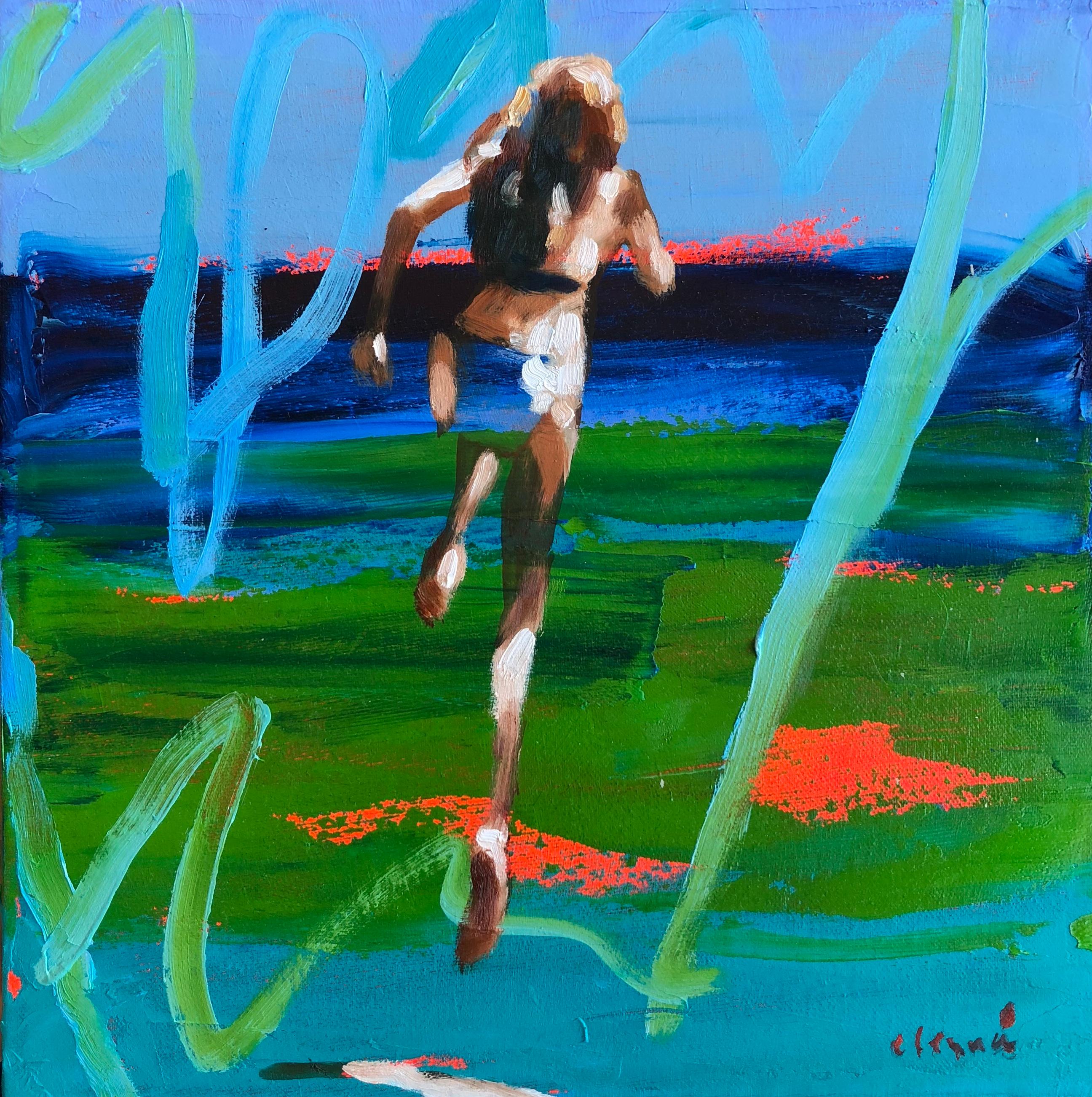 Elizabeth Lennie Figurative Painting - "Summer 2018 #2" Blue and Green Painting of Girl Jumping into the Water