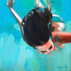 ''Summer 2019-2'' Oil painting of women swimming in turquoise blue sea