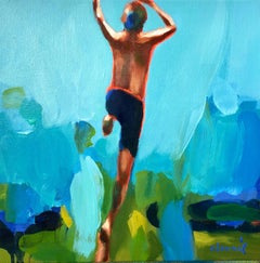 "Summer 2019-5" oil painting of a boy jumping with blue/green background