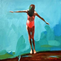 "Summer 2019-6" oil painting of girl in pink swimsuit and blue/green background