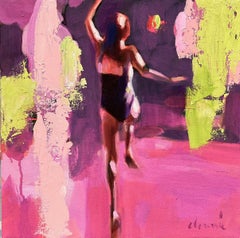 "Summer Magenta" Pink and green painting of a diver jumping into a pink sea.