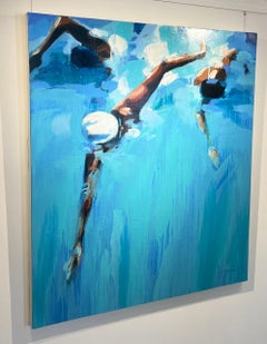 "Swim Team" Abstract oil painting of competitive swimmers in blue water