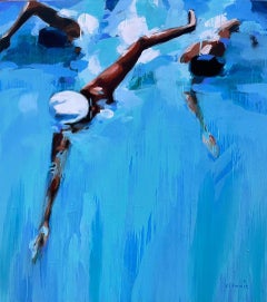"Swim Team" Pittura ad olio astratta di nuotatori agonisti in acqua blu