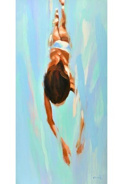 "Tethys" vertical oil painting of a brunette woman diving in turquoise water