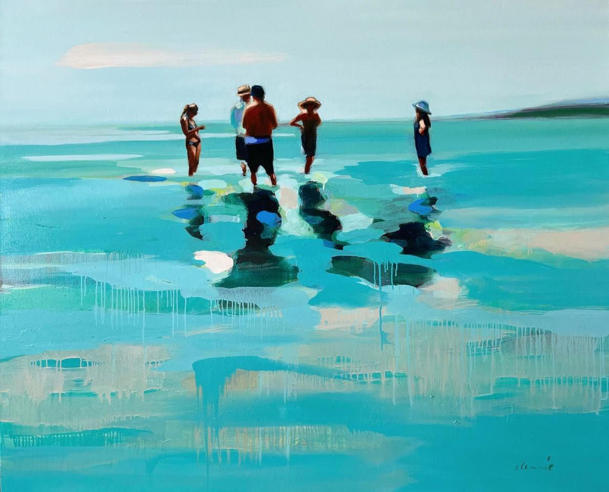 Elizabeth Lennie Figurative Painting - "Texting Sylvio" abstract oil painting of people standing in turquoise water