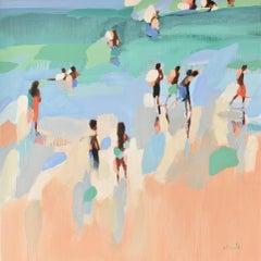 "The Hot Season" Abstract oil painting of figures on the beach with green water