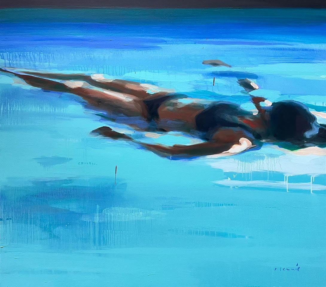 Elizabeth Lennie Abstract Painting – „The Pool at Night 4“, Ölgemälde einer Frau, die in türkisfarbenem Wasser schwebt