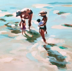 "The Summer Years" oil painting of two parents and two children in the water