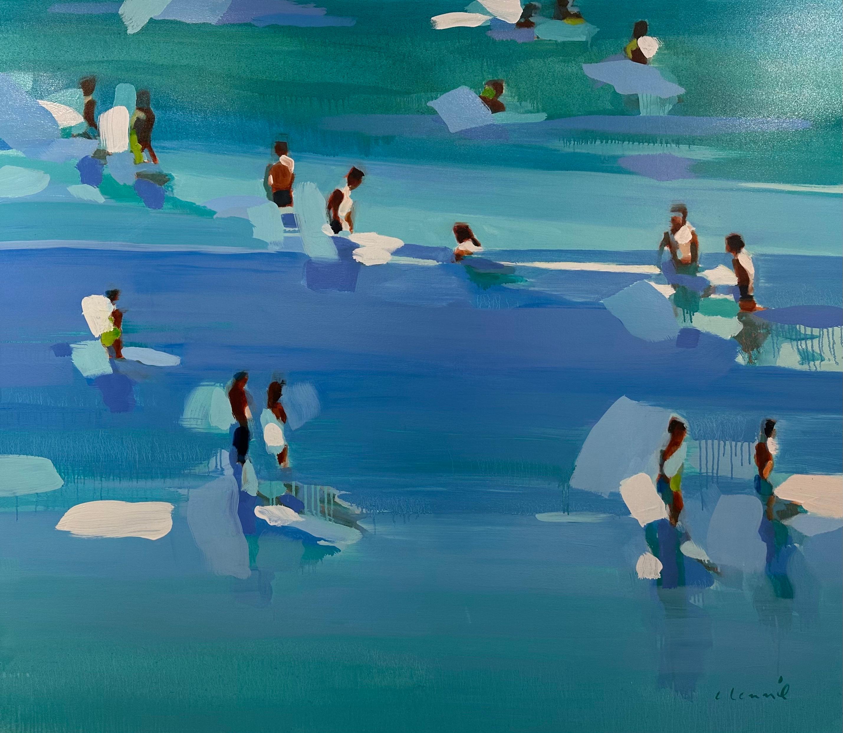 Abstraktes Ölgemälde „The Turquoise Sea 2“ mit Menschen in grünem und blauem Wasser – Painting von Elizabeth Lennie