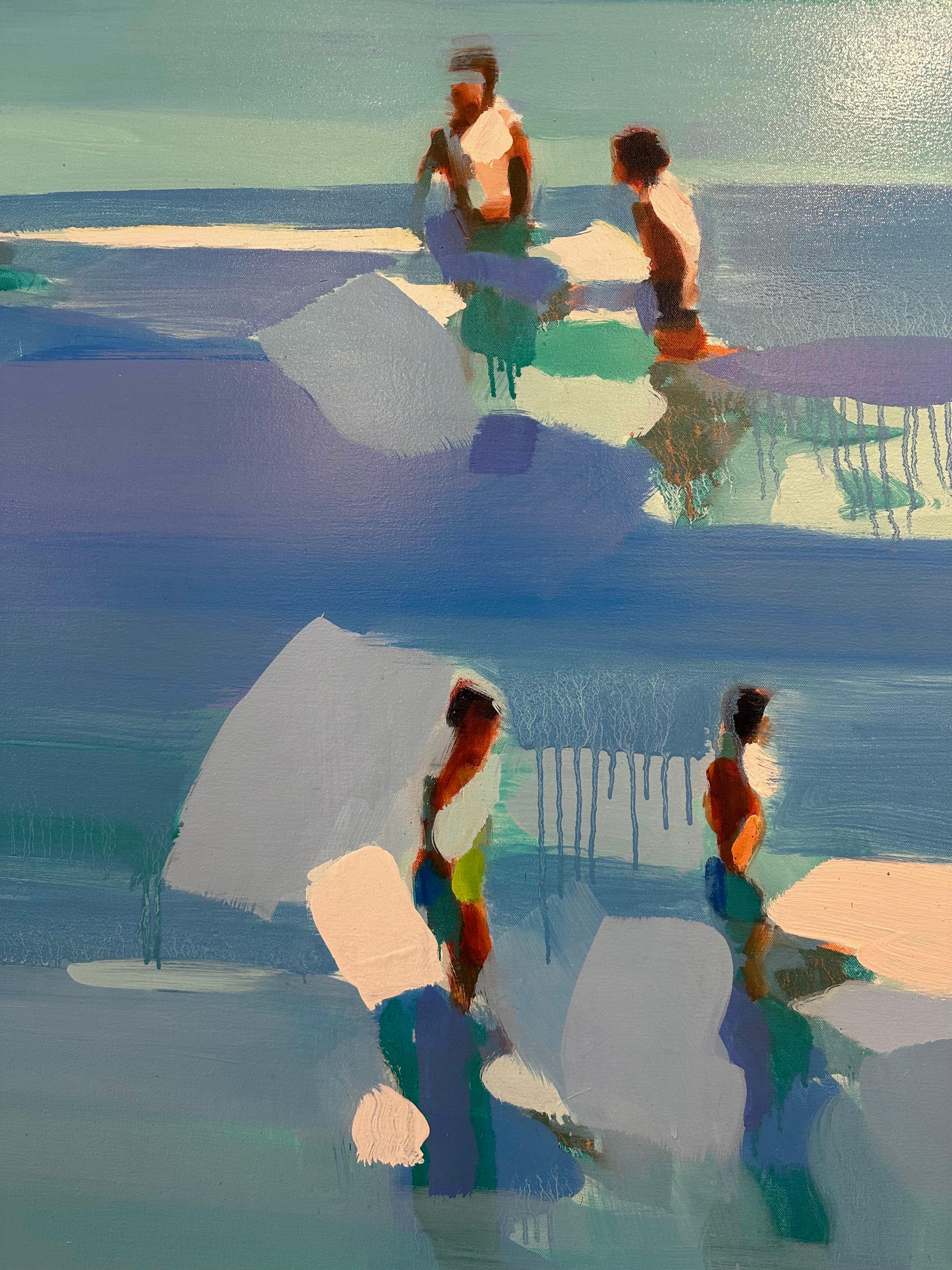 Abstraktes Ölgemälde „The Turquoise Sea 2“ mit Menschen in grünem und blauem Wasser (Blau), Figurative Painting, von Elizabeth Lennie
