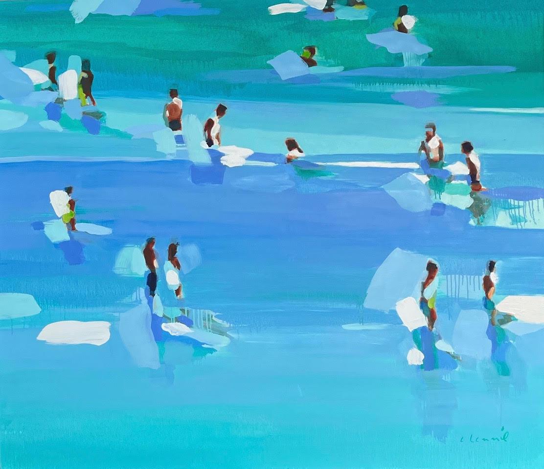 Elizabeth Lennie Figurative Painting - "The Turquoise Sea 2" abstract oil painting of people in green and blue water