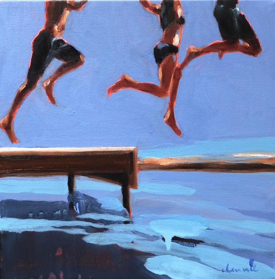 Elizabeth Lennie Figurative Painting - "Three Amigos" oil painting of kids legs jumping into water with blue background