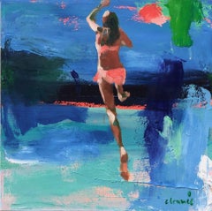 "To The Moon" abstract oil painting of a girl jumping into blue and green water